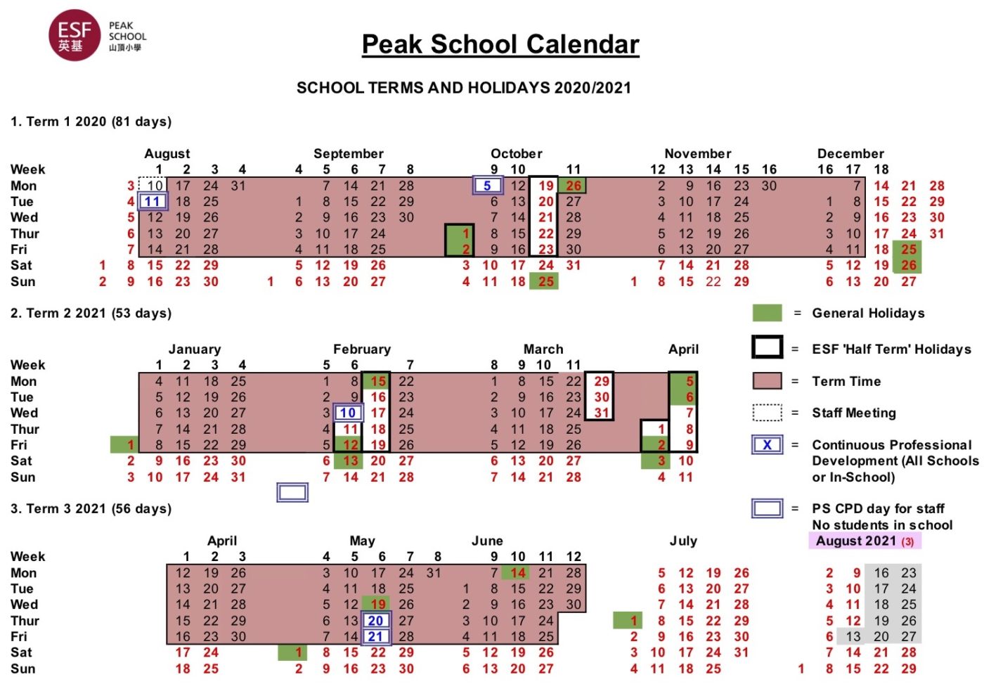 Peak School ESF Calendar Peak School ESF