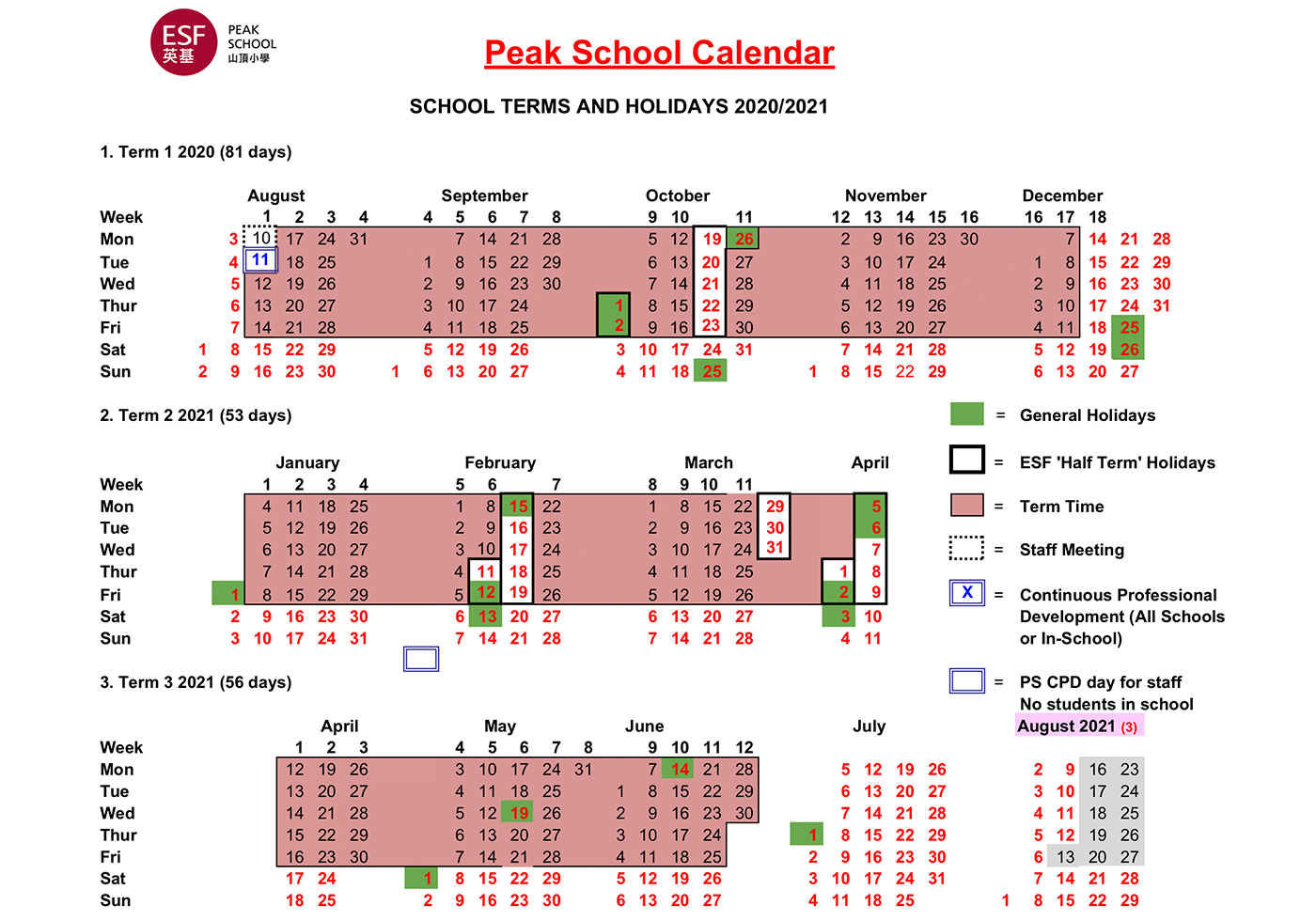 Peak School ESF Calendar Peak School ESF